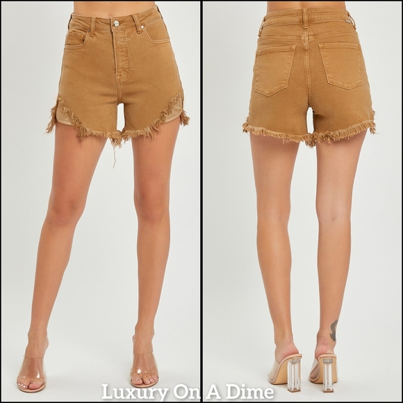 RISEN Cutoff High Rise Waist Distressed Moca Denim Frayed Mid-length Jean Shorts - Picture 2 of 16